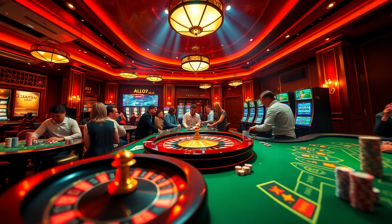 A thrilling ALO789 casino experience showcasing players at roulette tables and vibrant slot machines.