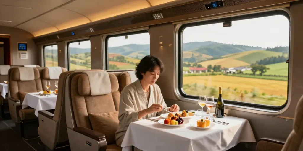 Experience first class train tickets for an unforgettable travel journey, enjoying luxury seating and fine dining.