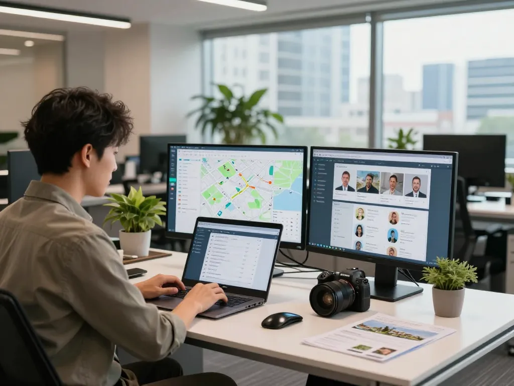 Gestionnaire de propriété professionnel analysant la gestion de propriétés dans un bureau moderne.