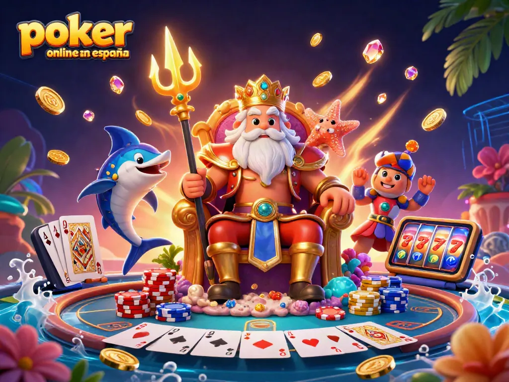 Disfruta del póker online en España con un rey marino, fichas de póker y un entorno vibrante.