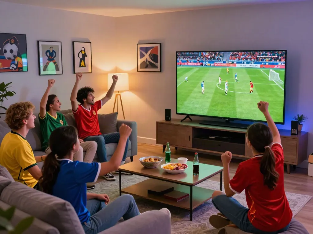Football fans enjoying a thrilling match on https://cakhiatv.team/ with snacks and drinks in a vibrant living room.