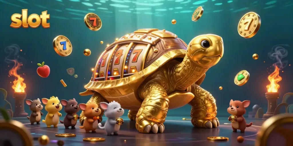 Engaging scene of a slot machine tortoise with eager animals and spinning reels for a thrilling casino experience.