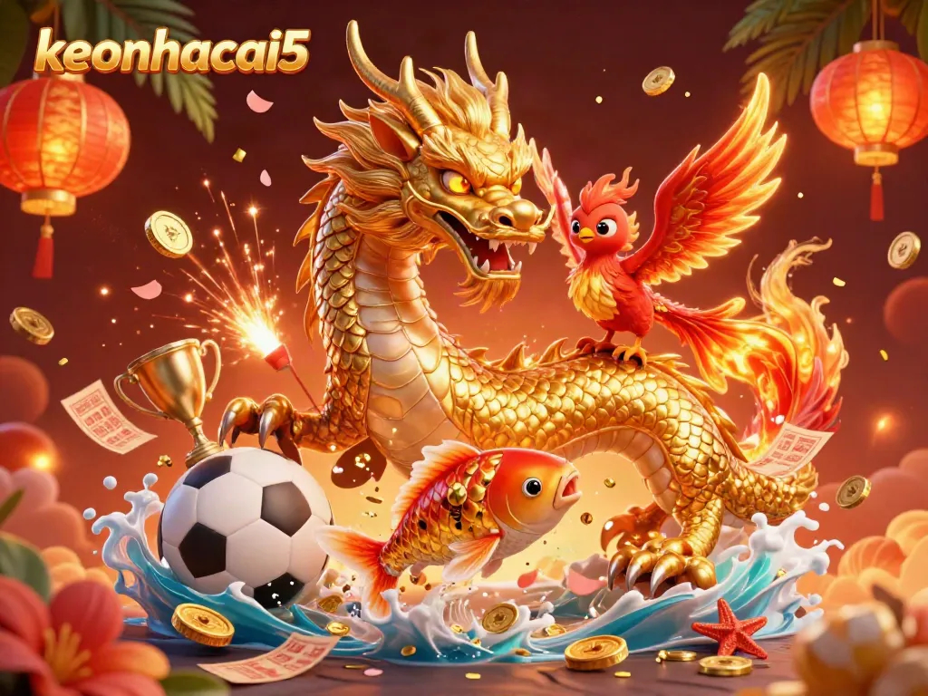 Engage with keonhacai5’s dynamic betting scene featuring a vibrant dragon and phoenix in action.