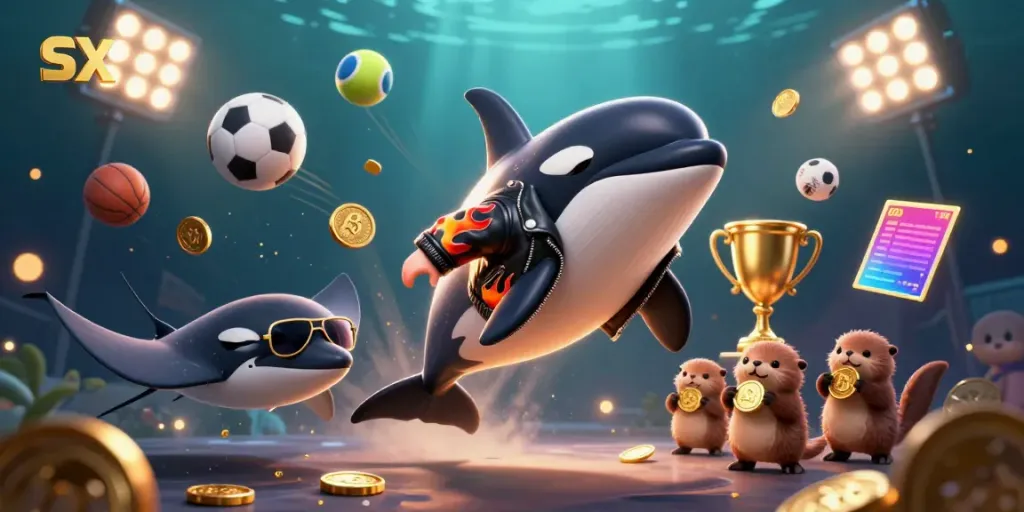 SX88 engaging gaming scene with cartoon characters and dynamic sports elements