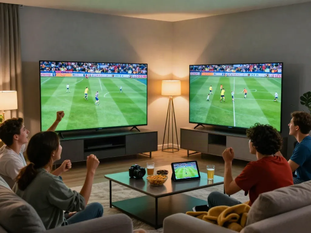 Friends enjoying a thrilling football match experience while watching gavangtv.study live streaming in a modern living room.