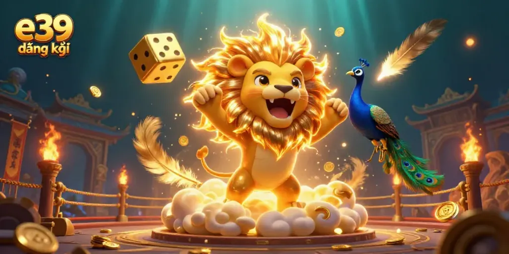 Engage in thrilling e39 đăng ký action with a cartoon lion and golden gaming elements.