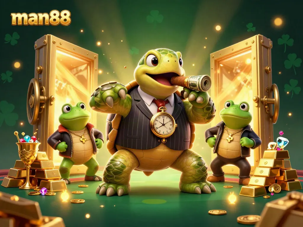 Spin to win big with man88's vibrant casino scene featuring a turtle in a mobster suit and gold treasures.
