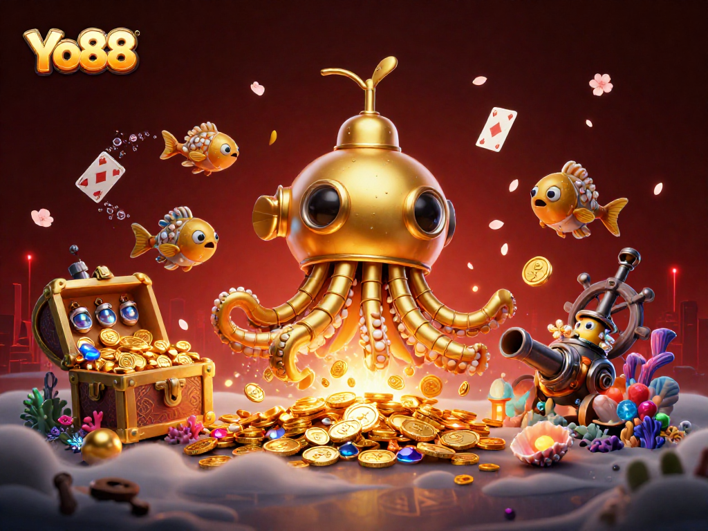 Experience thrilling gameplay with Yo88 in this vibrant 3D casino illustration featuring underwater treasure.