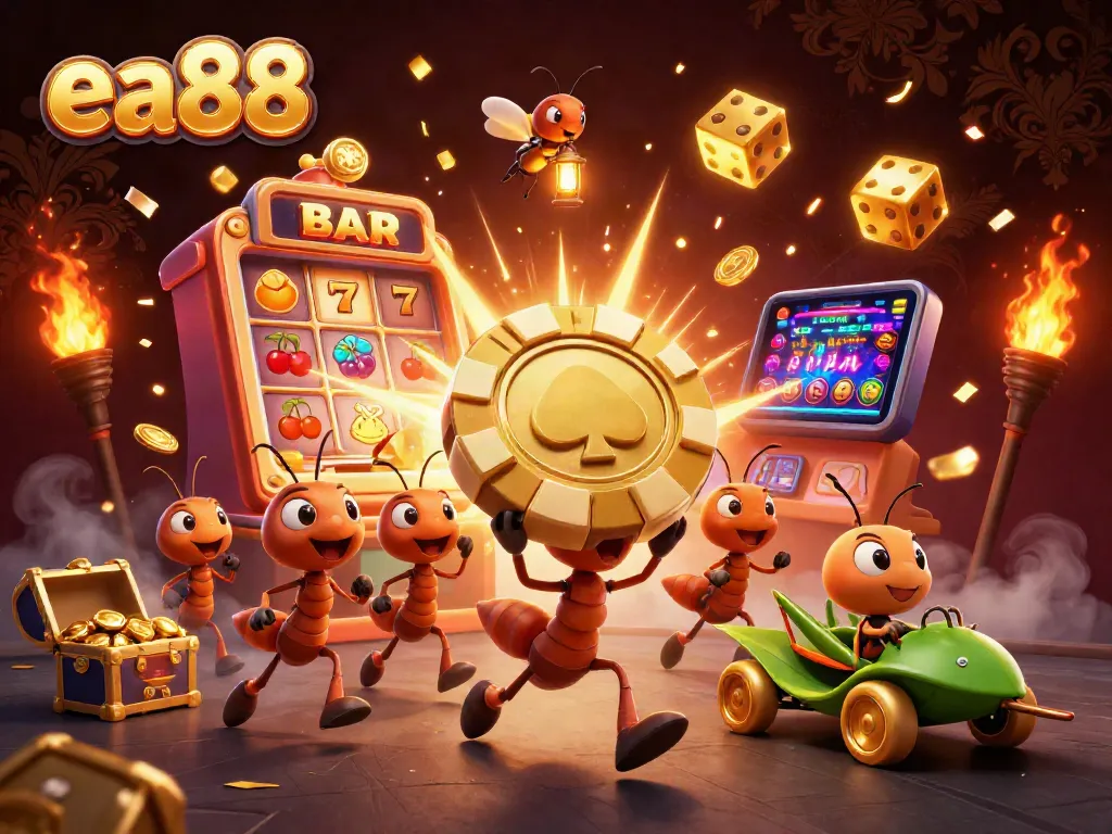 Experience the fun of ea88 with a dynamic heist scene featuring ants and casino elements.