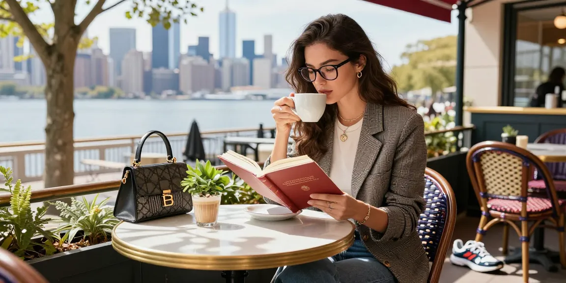 Young woman with stylish óculos de grau enjoying a latte in a vibrant café.