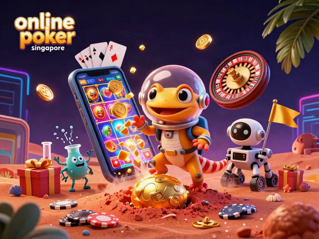 Experience online poker Singapore with vibrant game elements like chips and cards in this captivating scene.