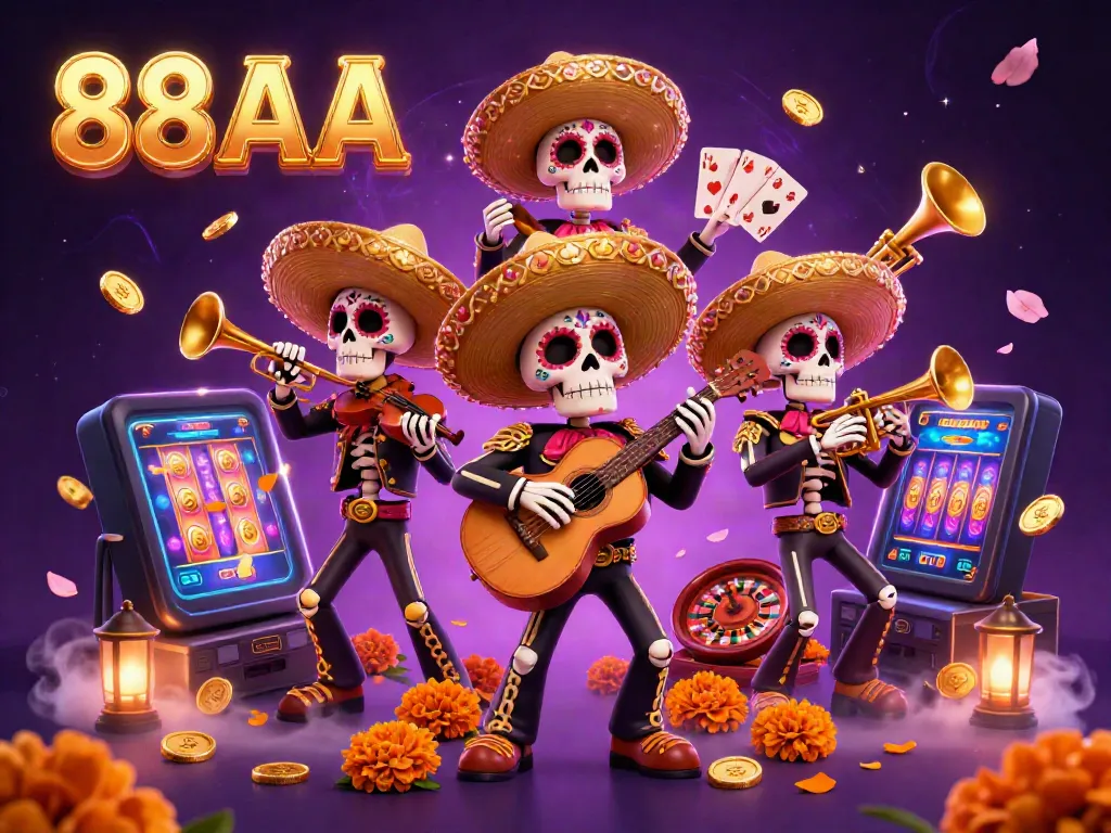 Engage with the vibrant energy of 88 AA through a colorful Dia de los Muertos scene filled with slot game excitement.