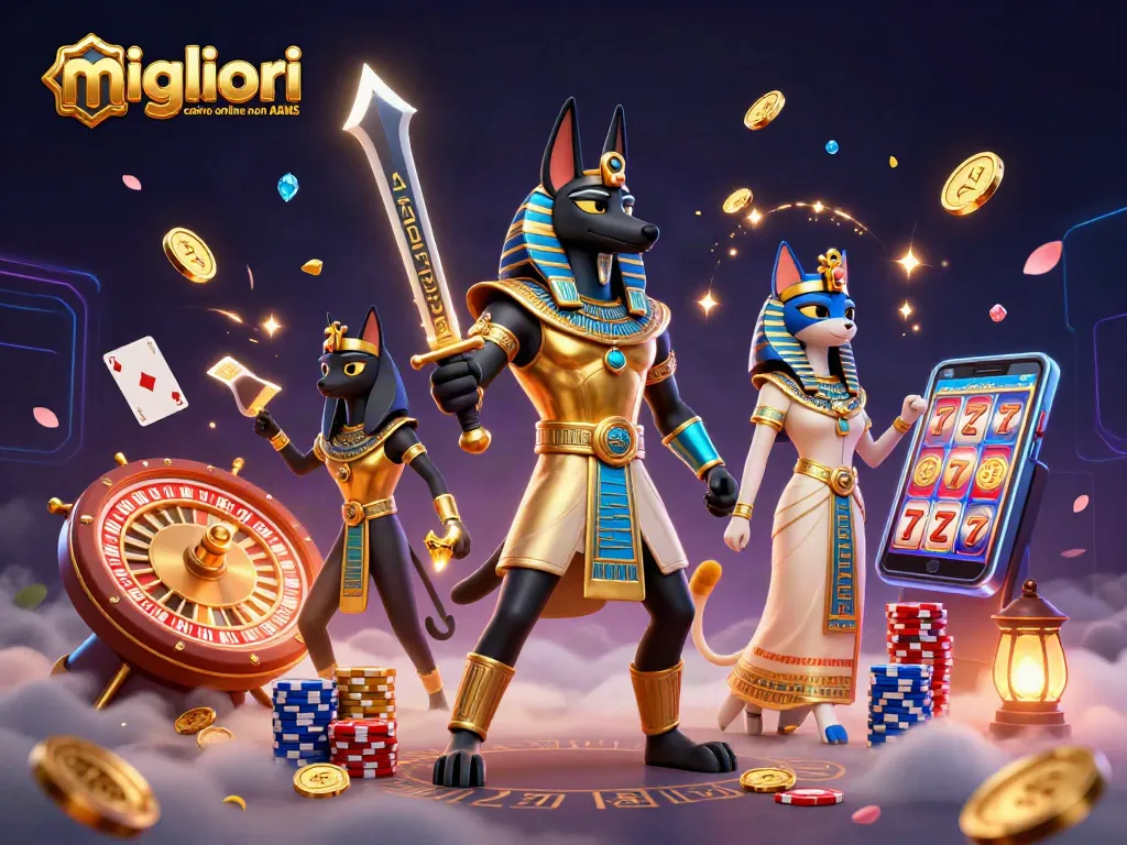 Gioca nei migliori casino online non AAMS in un'illustrazione magica con Anubis e Bastet.