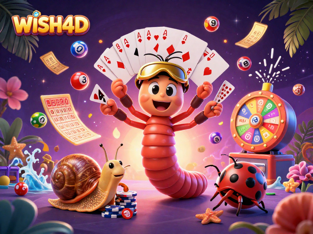 WISH4D showcases a lively casino scene with animated characters and colorful game elements.