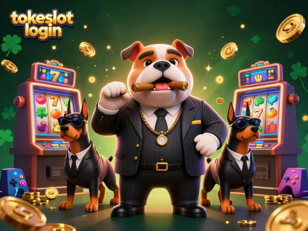 Tokeslot login scene featuring a mafia bulldog and two Doberman bodyguards amidst dynamic slot machines and vibrant gaming elements.