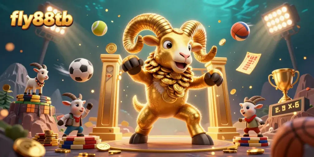 Engage with thrilling sports betting at fly88tb featuring dynamic elements and a golden ram icon.