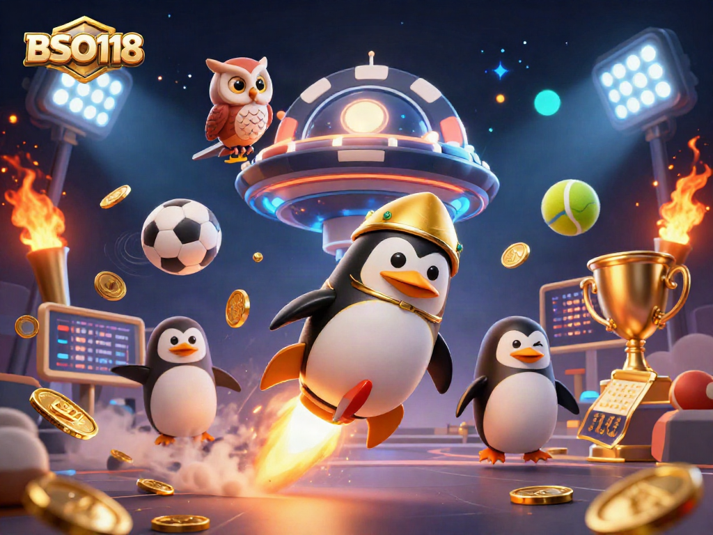 BSO118 offers thrilling betting experiences with a dynamic golden penguin and sports elements.
