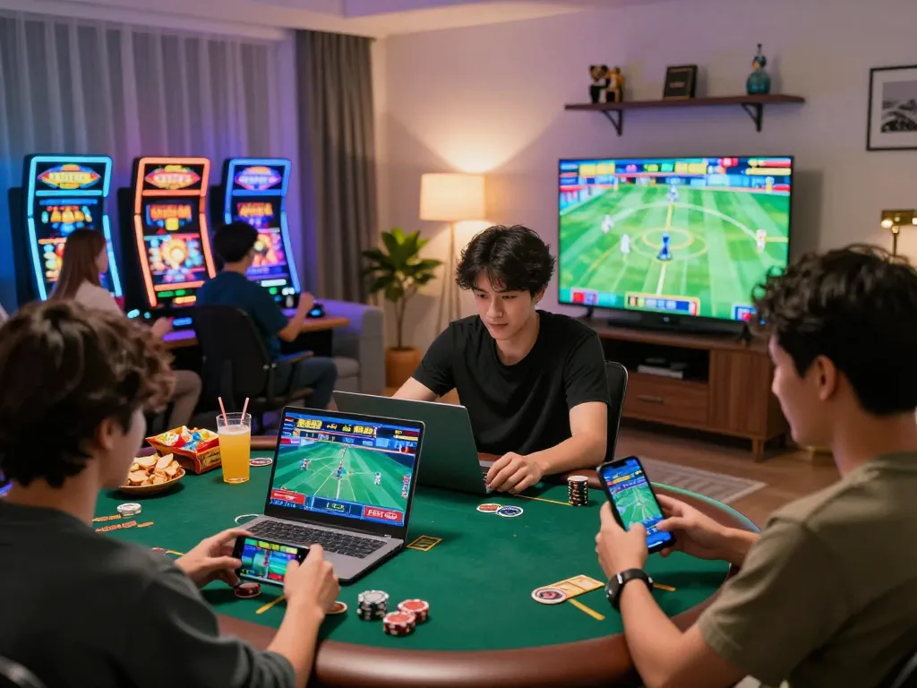 Immersive online gaming experience at https://luck8g.net with players engaged in casino games in a stylish setting.