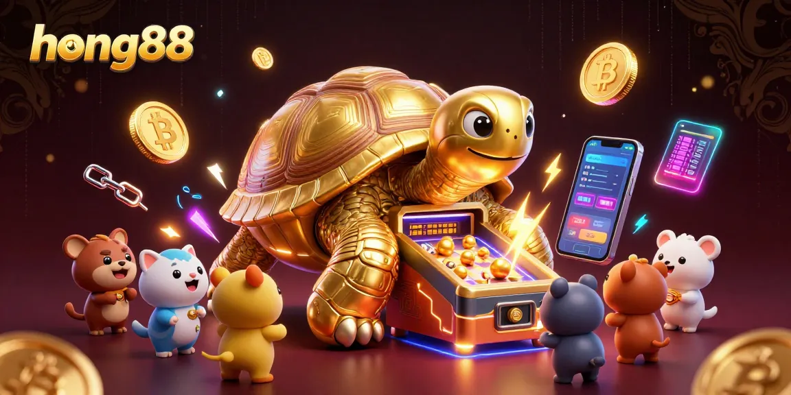 Experience thrilling gaming action with hong88, featuring a golden tortoise pinball machine and crypto elements.