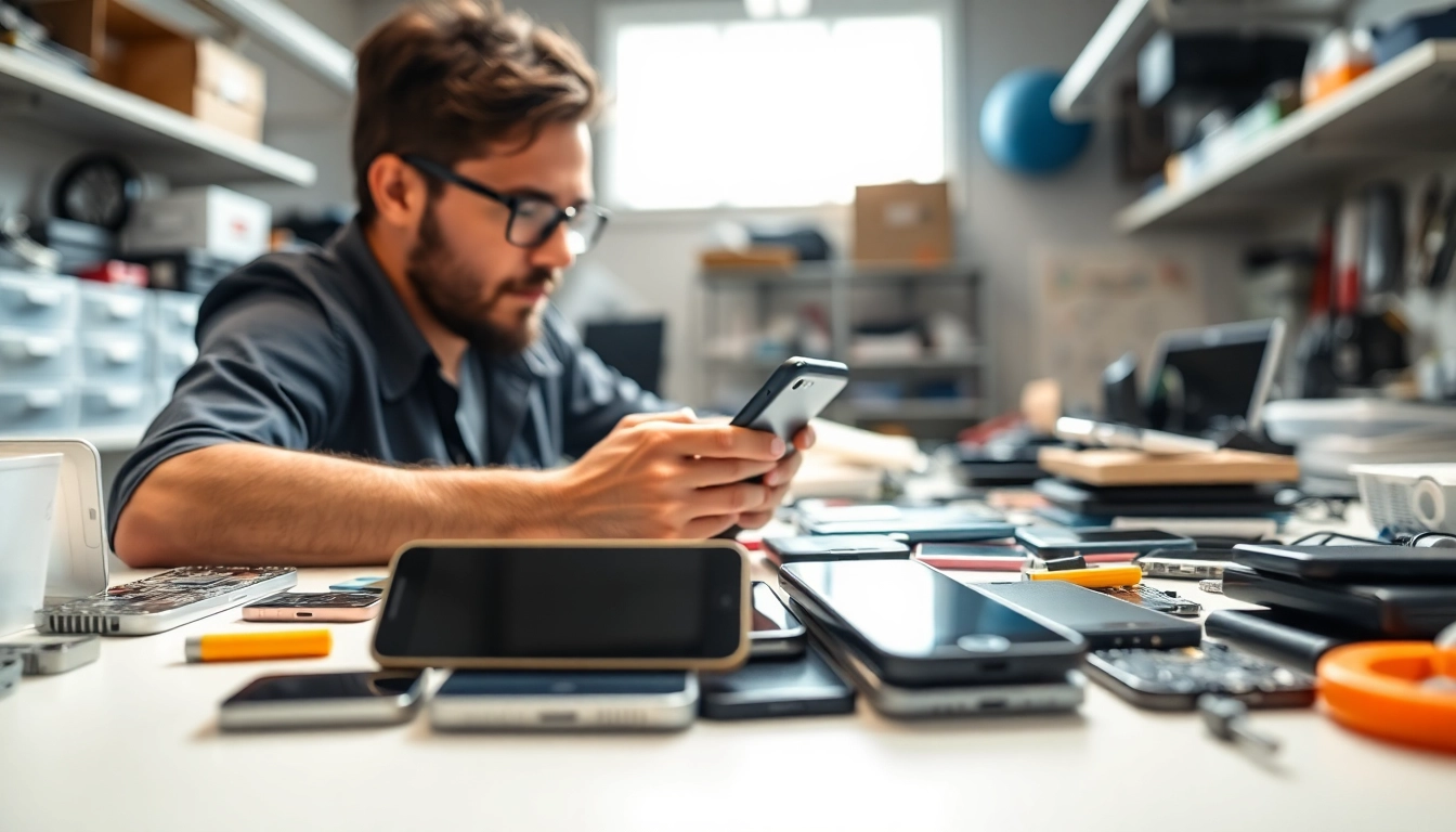 Instant Cash For Phones process in action, showcasing evaluations in a modern workspace.