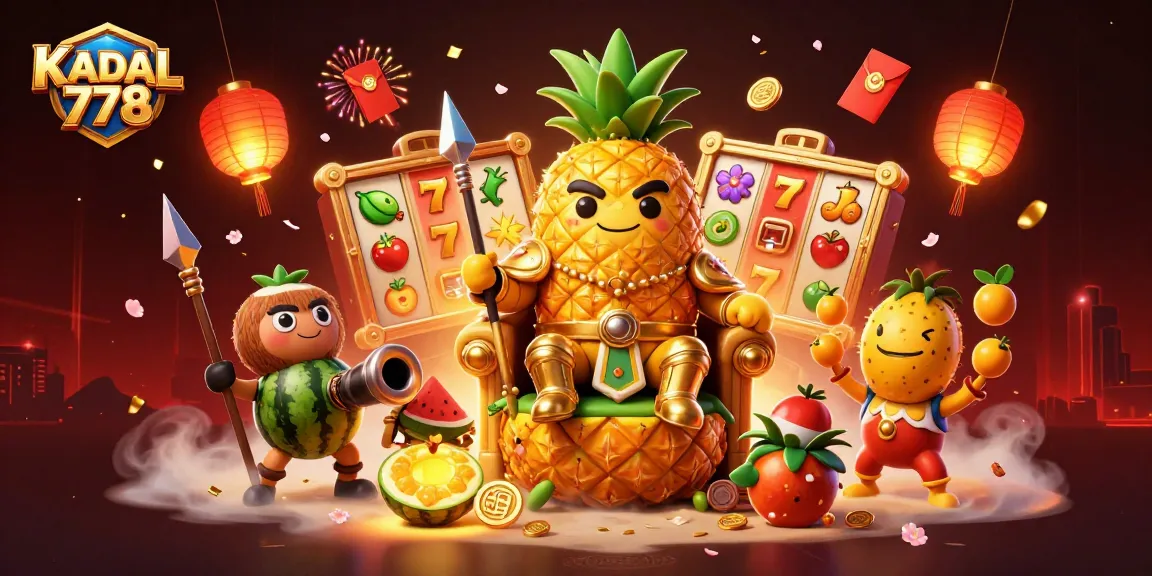 KADAL 778 showcases a vibrant casino scene with the golden pineapple king and lively characters, featuring dynamic slot elements.