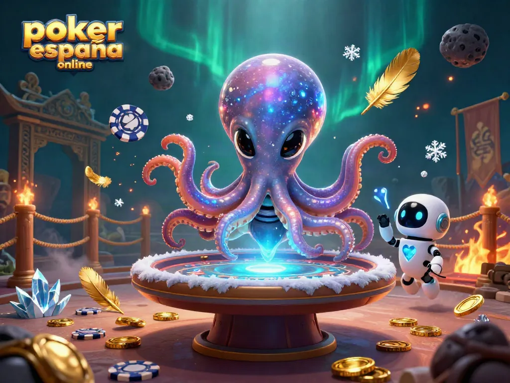 Juega al póker online España mientras el pulpo alienígena dirige una mesa holográfica.