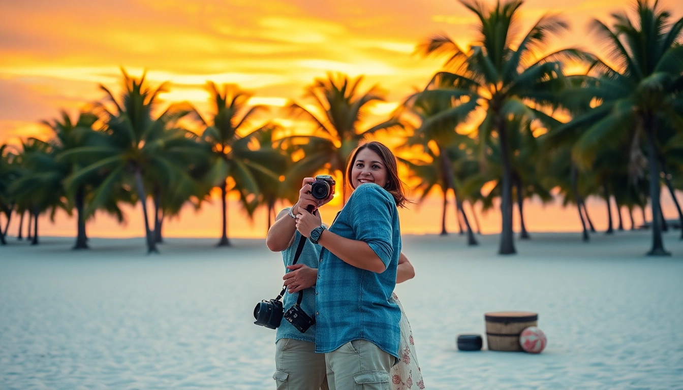 Destination photographer capturing a romantic sunset on a tropical beach.