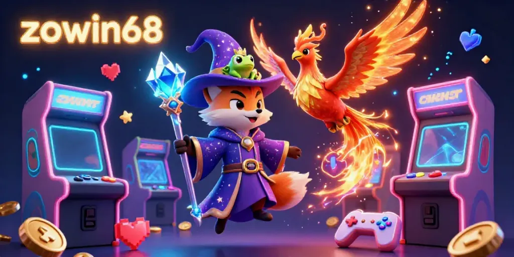 Engage in thrilling gaming adventures with zowin68, showcasing colorful elements and characters in a magical casino.