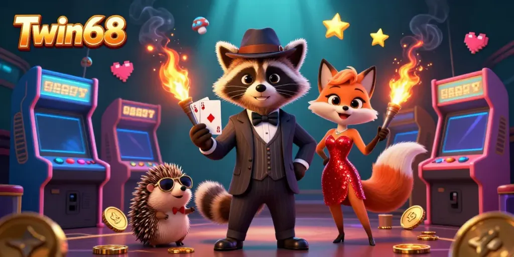 Dive into action at Twin68 with a suave raccoon in a royal flush, vibrant gaming scenes, and a glamorous fox.