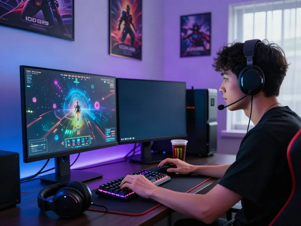 Bro138 gaming scene showcasing a player immersed in high-stakes cosmic gameplay with dual monitors and vibrant graphics.