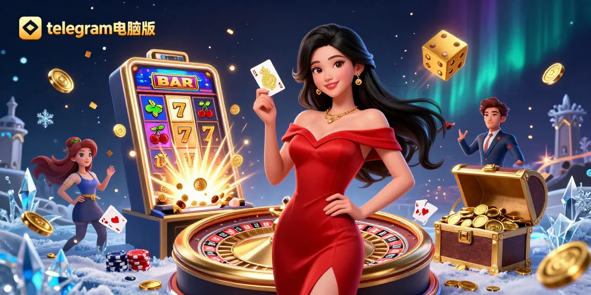 在闪耀的赌场场景中体验telegram电脑版的兴奋，展现一位强大的女性和生动的老虎机元素。