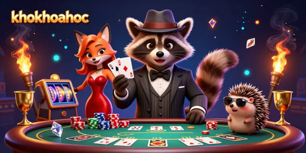 Experience excitement at khokhoahoc casino with a raccoon, fox, and hedgehog in lively action.