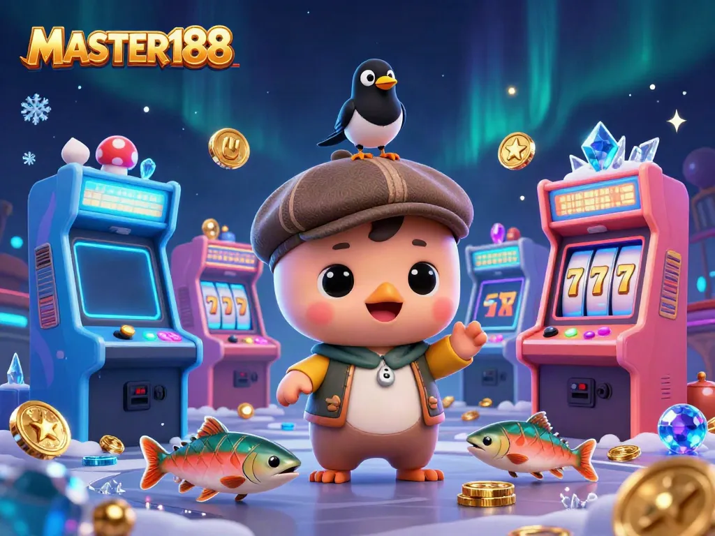 Engage in gaming fun with MASTER188's vibrant casino-themed 3D illustration featuring cartoon characters and slot machines.