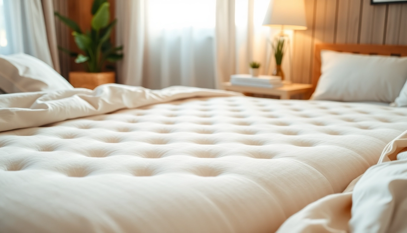 View of a comfortable mattress in a cozy bedroom with warm lighting and stylish decor.