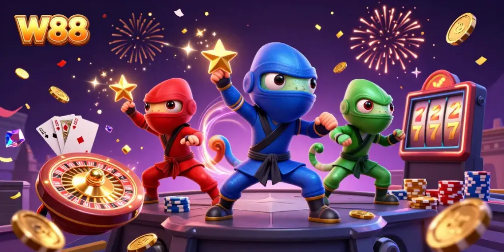 W88 ninja chameleon team celebrates with golden coins and roulette elements in an exciting casino scene.