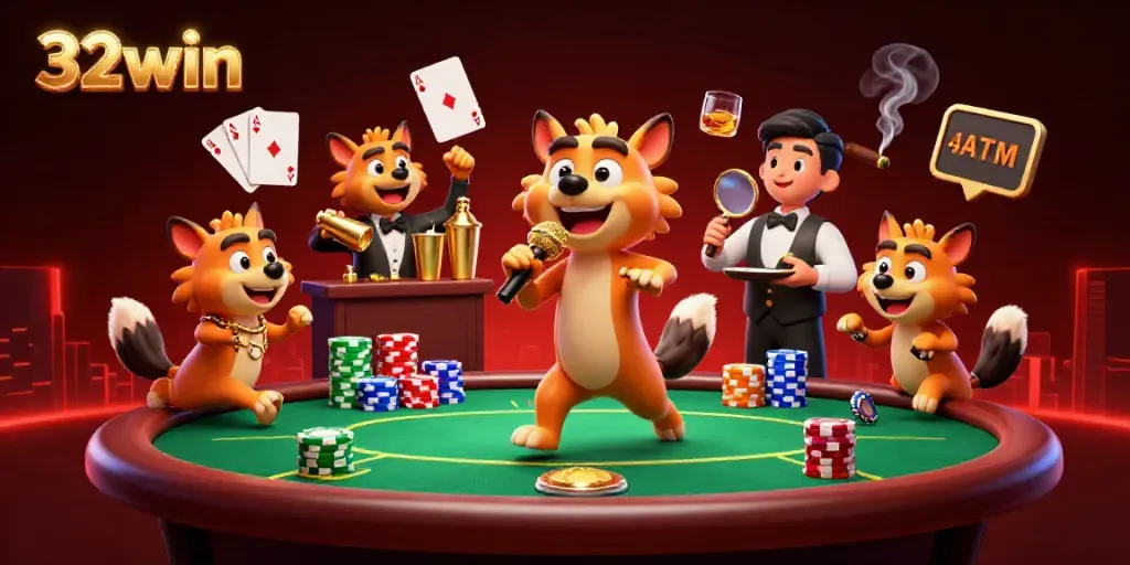 Experience the thrill of 32win with vibrant hyenas entertaining in a lively casino setting.