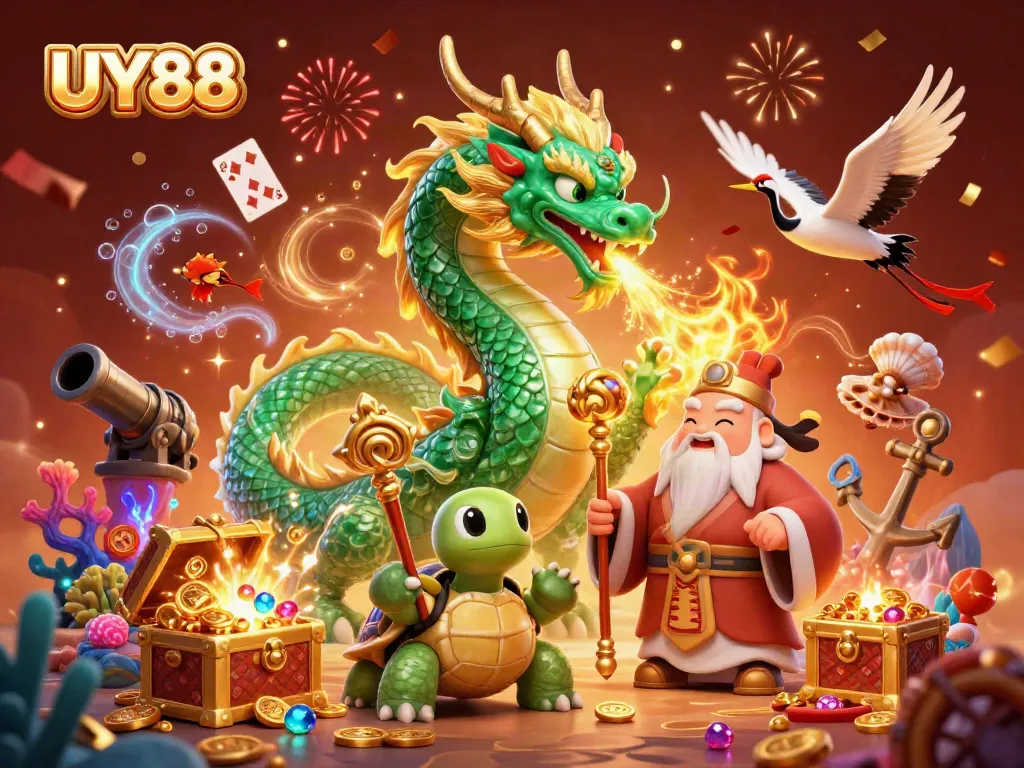 Engage with UY88's vibrant casino world featuring a magical dragon, turtle sage, and lucky cranes amidst treasures.