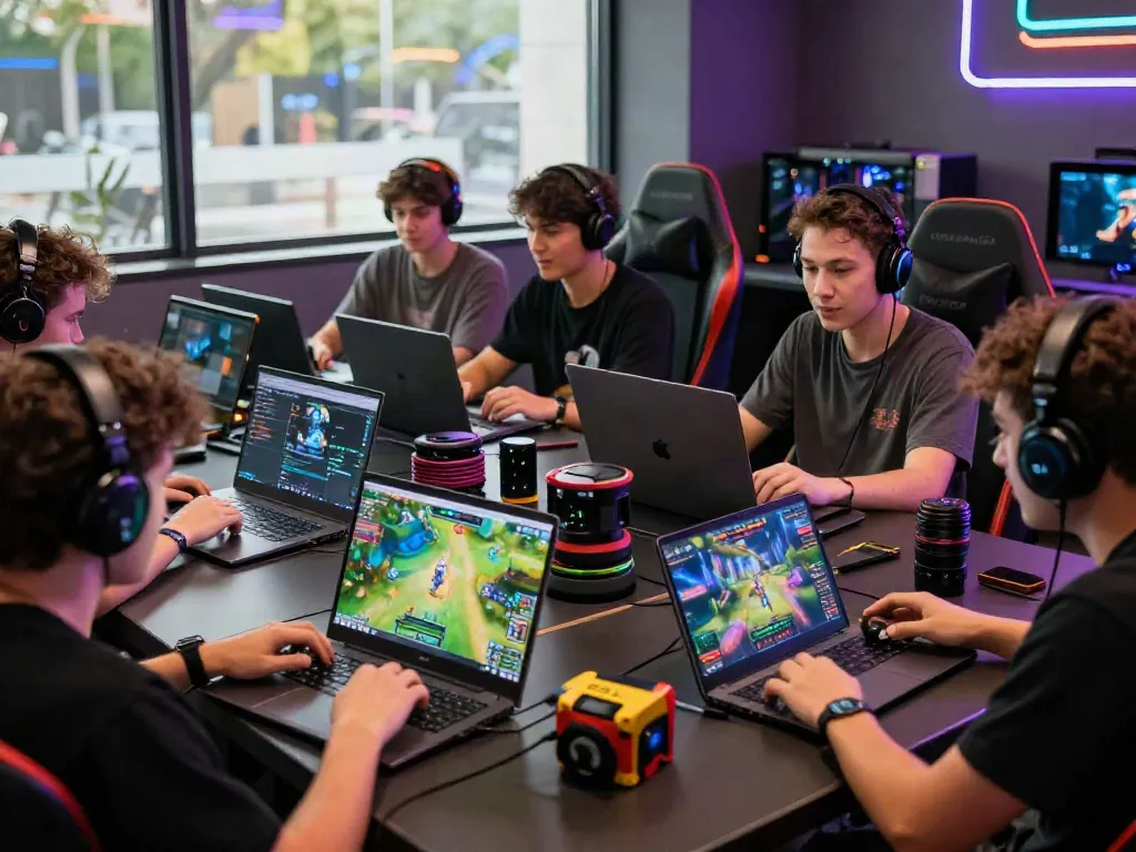 Players engaging with QQMacan online gaming platform in a vibrant lounge.