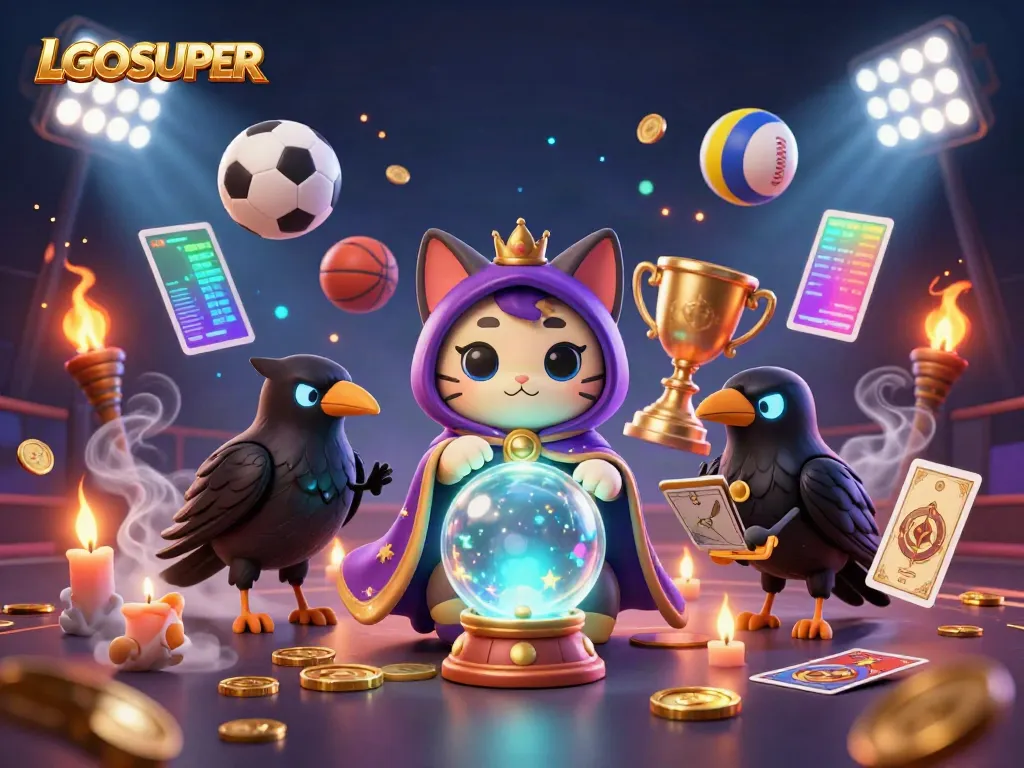 Engage with LGOSUPER through a vibrant scene showcasing fortune teller cat, glowing raven, and sports elements.