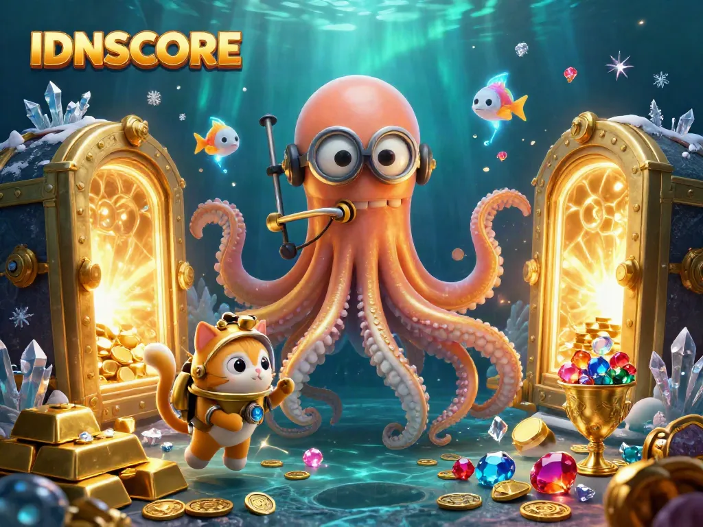 Engage with IDNSCORE's thrilling betting experience while exploring a treasure-filled underwater scene.