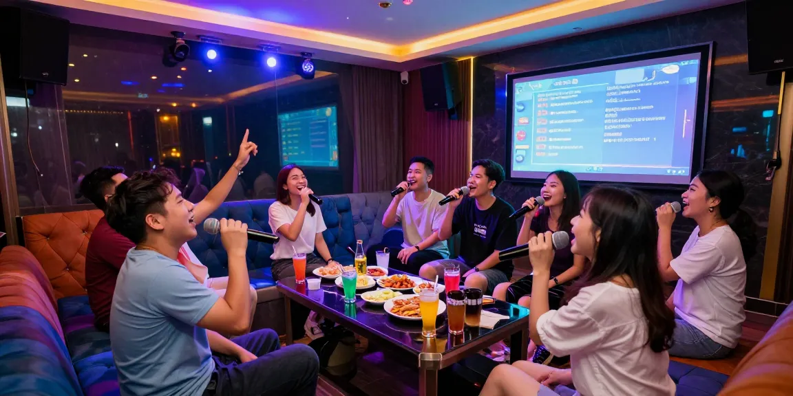 다낭 가라오케의 즐거운 저녁 장면, 친구들이 노래하며 다양한 음료와 안주가 있는 모습