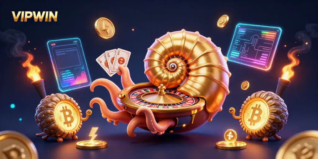Experience immense wins at VIPWIN with a 3D nautilus roulette and glowing crypto elements.
