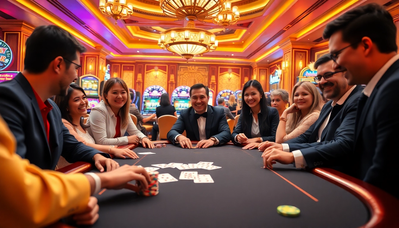 Excited players enjoying a poker game at 789club's luxurious casino scene.