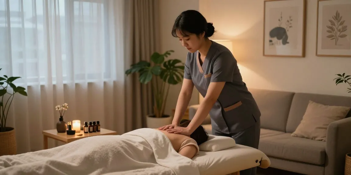 Professional massage therapist setting up for 영등포출장마사지 session in a serene home environment.