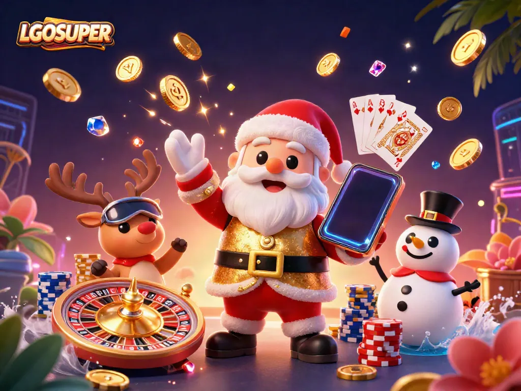 Experience big wins with LGOSUPER in a vibrant casino scene featuring a festive Santa, reindeer dealer, and a poker chip snowman.