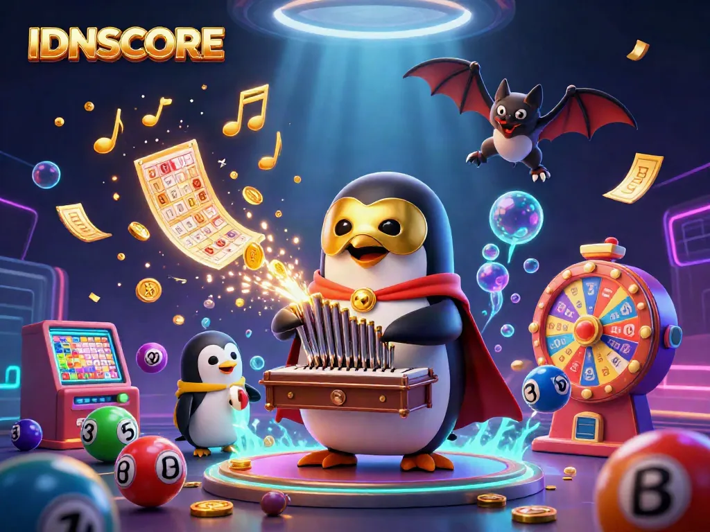 Spin to win with IDNSCORE, featuring a cosmic penguin and captivating lottery elements.