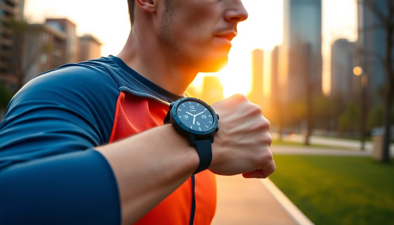 Garmin smartwatch worn by a runner during an energetic sunrise run in the park.