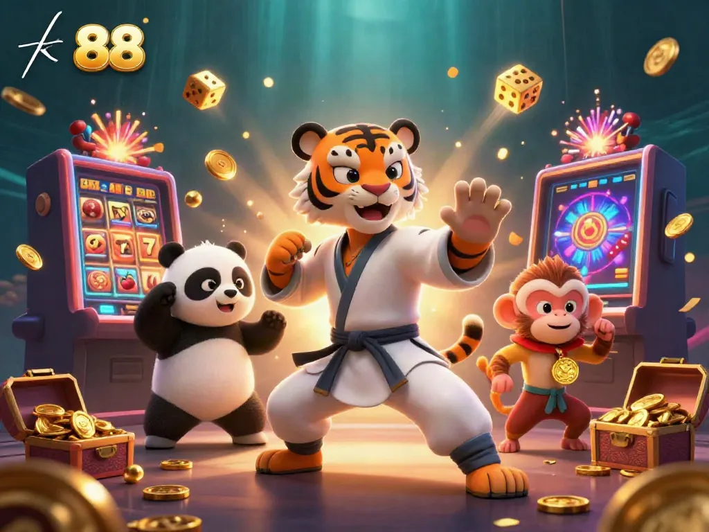 Experience the excitement of tk 88 casino gaming with 3D tiger, panda, and monkey characters amidst bursting jackpots and golden treasures.