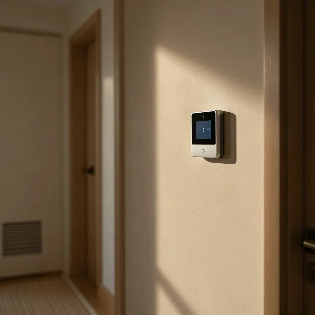 Slim smart thermostat glows on a plaster hallway wall beside a return vent and pale runner.