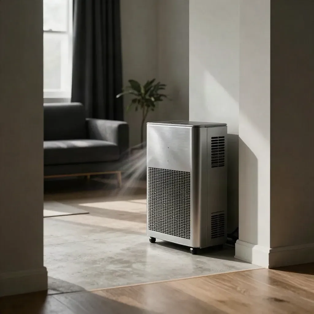 Portable AC sending cool air across a rented studio with sofa, curtains, and plant.